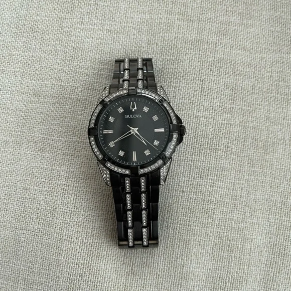 Bulova Black and Silver Watch with Crystal Accents